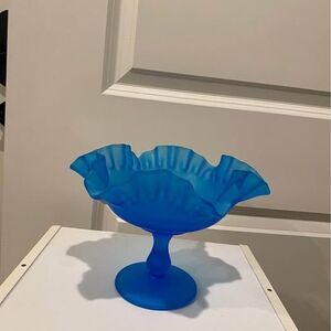 💙 Vintage Cobalt Blue Glass Compote Dish – Ruffled Edge